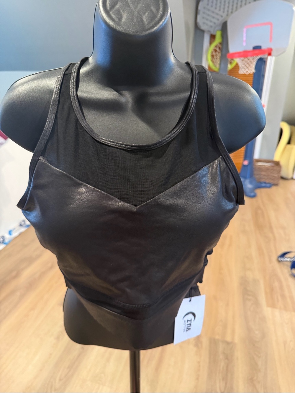 NWT ZYIA Black Mesh Street Star Bra with Striped Detail
